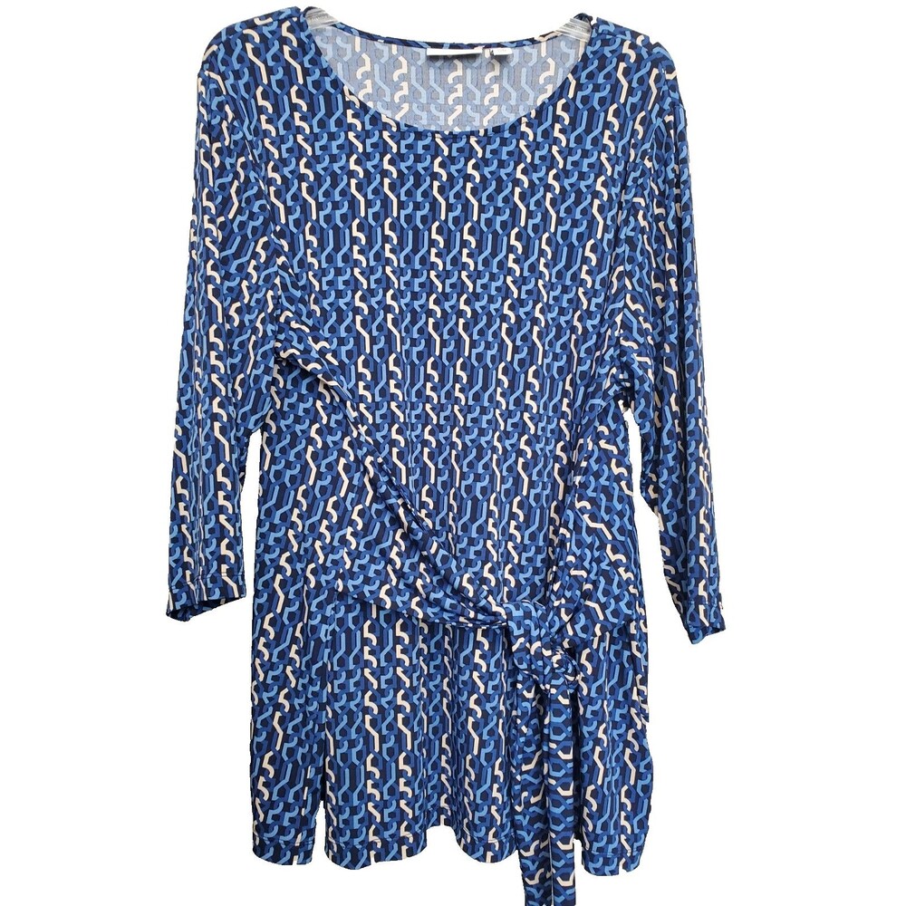Susan Graver Blue Printed LiquidKnit 3/4-Sleeve Tie-Front Top Size 1X Lagenlook